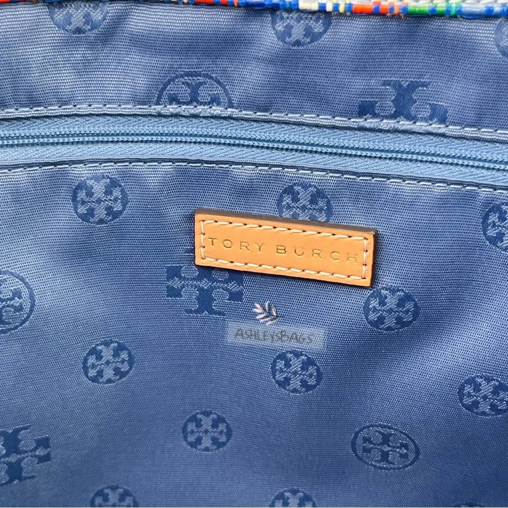 Tory Burch Ella Poly Woven Nylon Large Tote In Tory Navy Multi - Picture 9 of 11